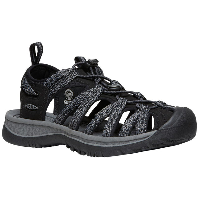 Women’s black and grey waterproof sport sandal with a bungee lace system and protective toe bumper. Style #1028815
