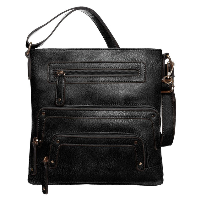 La Diva black textured leather crossbody handbag featuring multiple zippered front compartments and shoulder strap. Style #43916STL