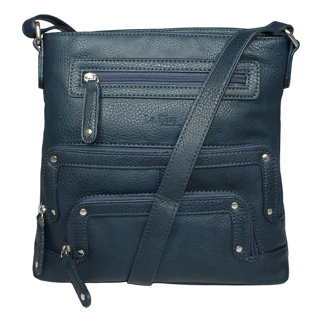 La Diva navy textured leather crossbody handbag featuring multiple zippered front compartments and shoulder strap. Style #43916STL