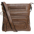 La Diva taupe textured leather crossbody handbag featuring multiple zippered front compartments and shoulder strap. Style #43916STL