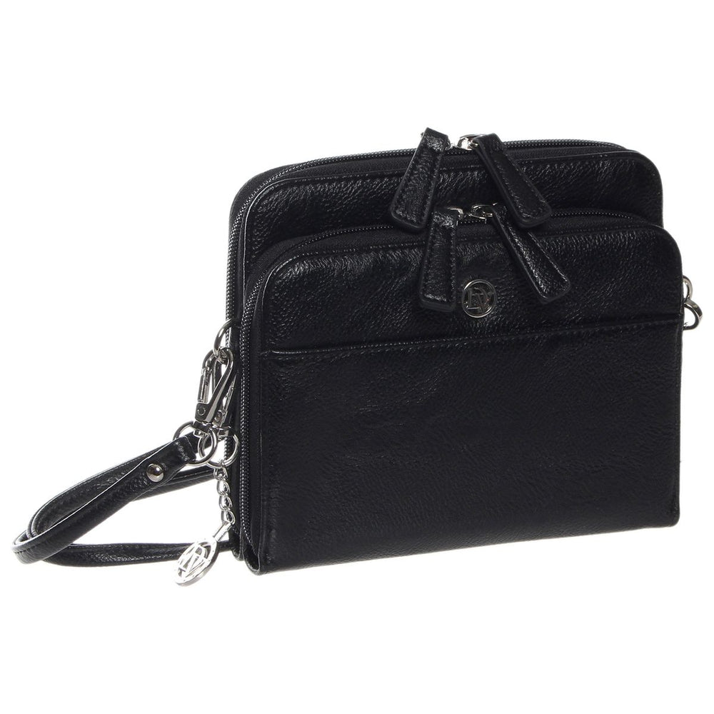 La Diva black structured crossbody handbag with top dual zippers, front logo emblem, and metal key charm. Style #5250STL.