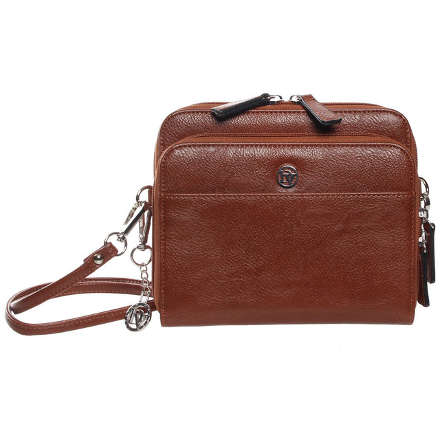 La Diva cognac brown structured crossbody handbag with top dual zippers, front logo emblem, and metal key charm. Style #5250STL