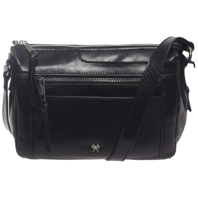La Diva black handbag top view with open zip compartments showing striped lining and front zip pockets. Style #R14825STL