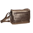 La Diva pewter handbag top view with open zip compartments showing striped lining and front zip pockets. Style #R14825STL