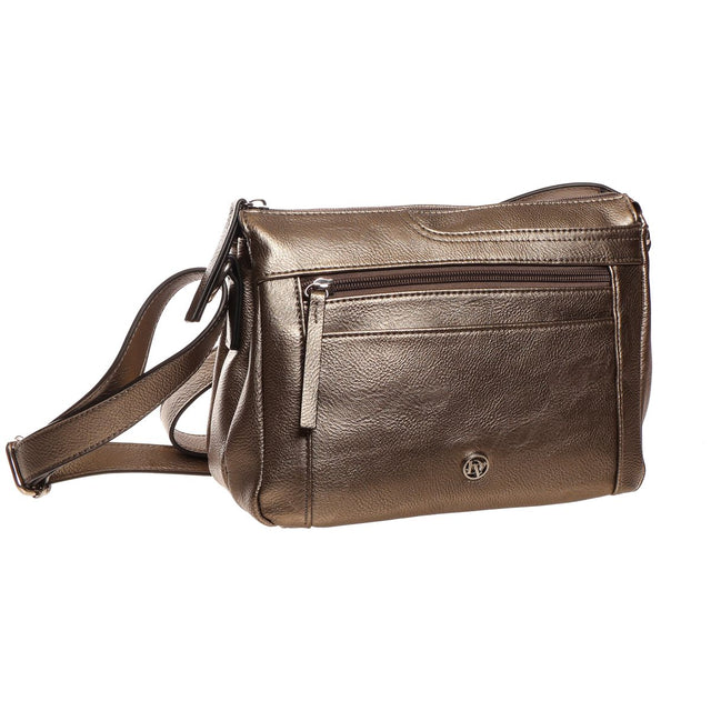 La Diva pewter handbag top view with open zip compartments showing striped lining and front zip pockets. Style #R14825STL