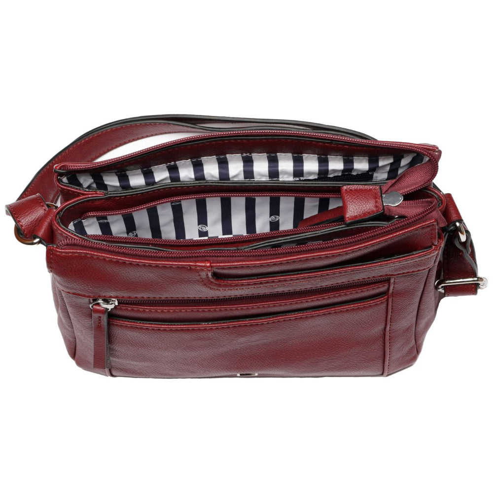 La Diva wine red handbag top view with open zip compartments showing striped lining and front zip pockets. Style #R14825STL