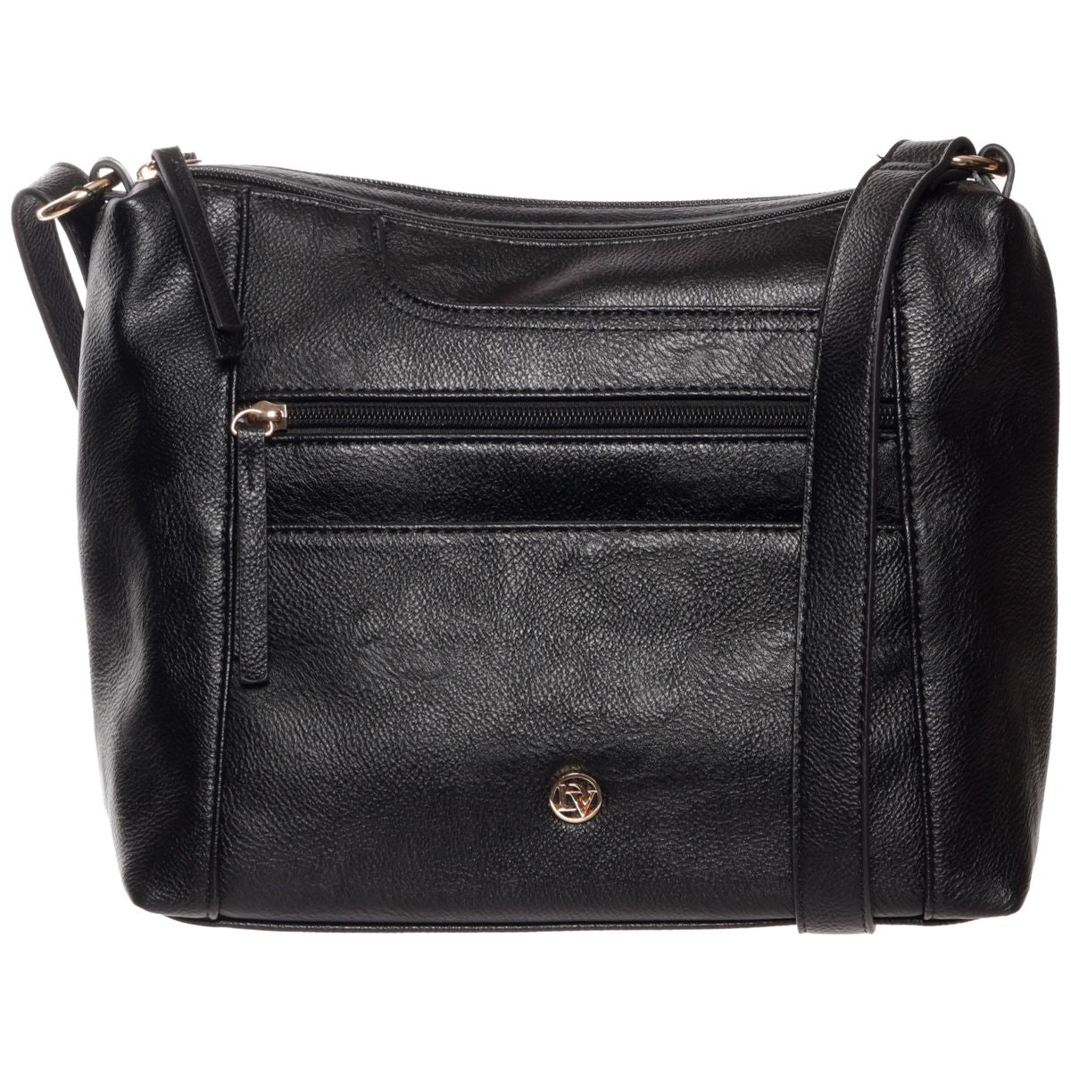La Diva black pebbled faux leather shoulder bag with front zip pocket, subtle gold emblem, and shoulder strap. Style #R14826STL