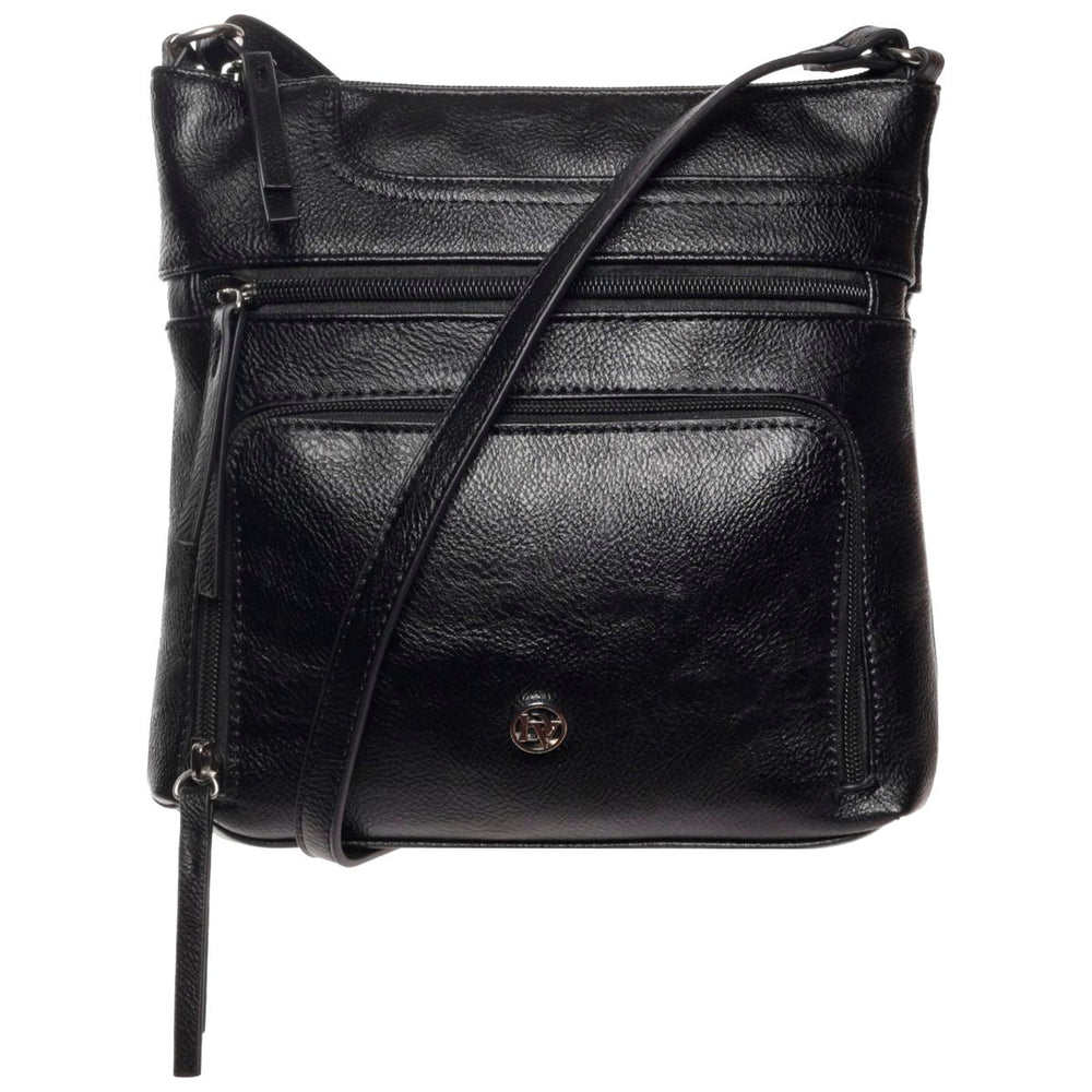 La Diva black leather crossbody handbag with multiple zippered front pockets and silver hardware. Style #R15017STL
