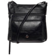 La Diva black leather crossbody handbag with multiple zippered front pockets and silver hardware. Style #R15017STL