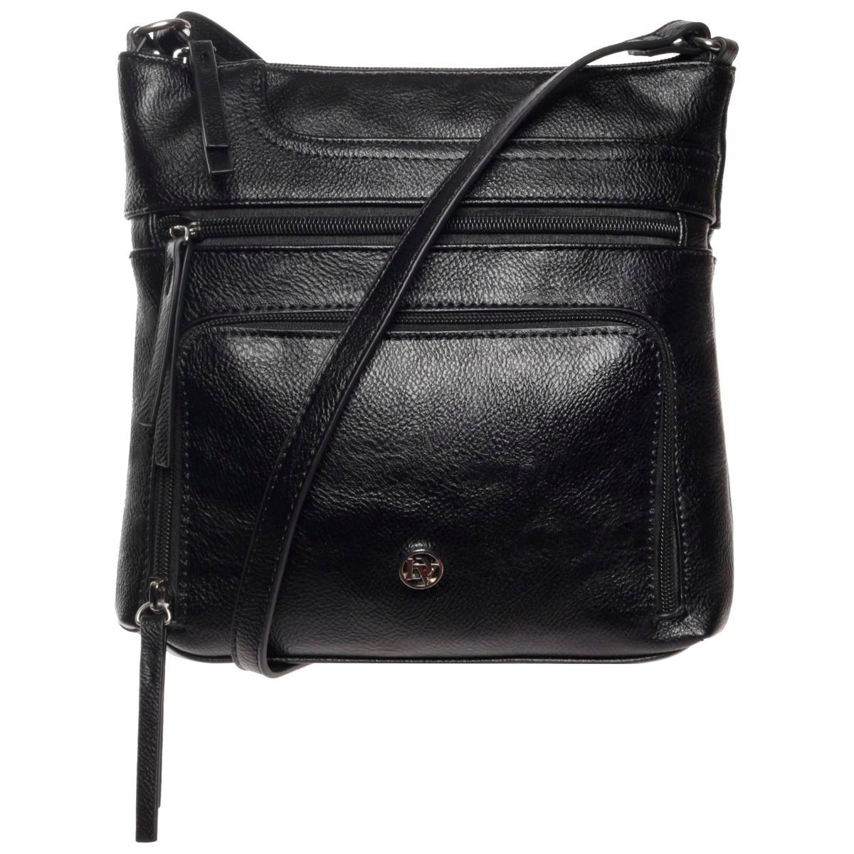 La Diva black leather crossbody handbag with multiple zippered front pockets and silver hardware. Style #R15017STL
