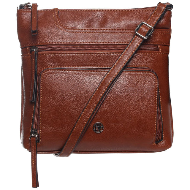La Diva cognac brown faux leather crossbody handbag with multiple zippered front pockets and silver hardware. Style #R15017STL