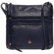 La Diva navy leather crossbody handbag with multiple zippered front pockets and silver hardware. Style #R15017STL