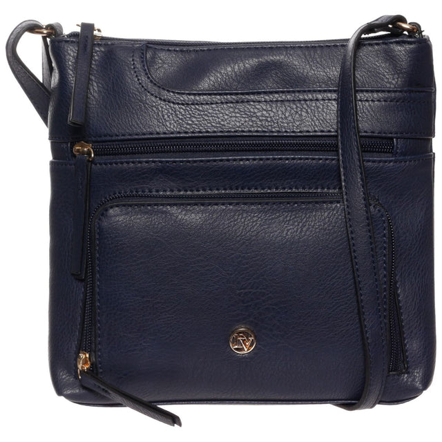 La Diva navy leather crossbody handbag with multiple zippered front pockets and silver hardware. Style #R15017STL
