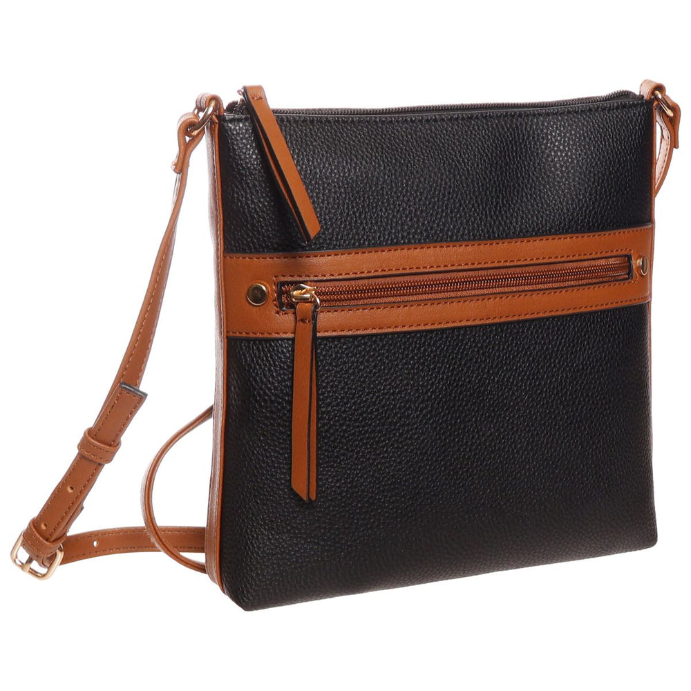 La Diva black pebbled leather crossbody handbag with contrasting tan front zipper trim and adjustable strap. Style #R15875.