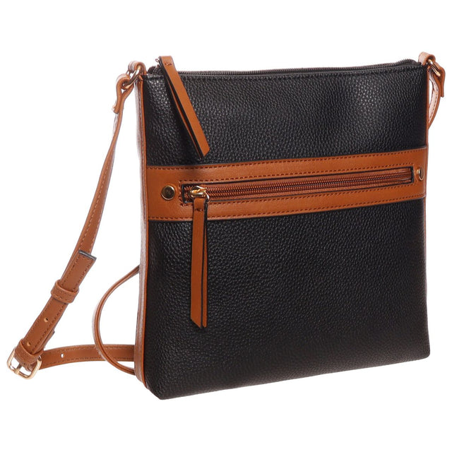 La Diva black pebbled leather crossbody handbag with contrasting tan front zipper trim and adjustable strap. Style #R15875.