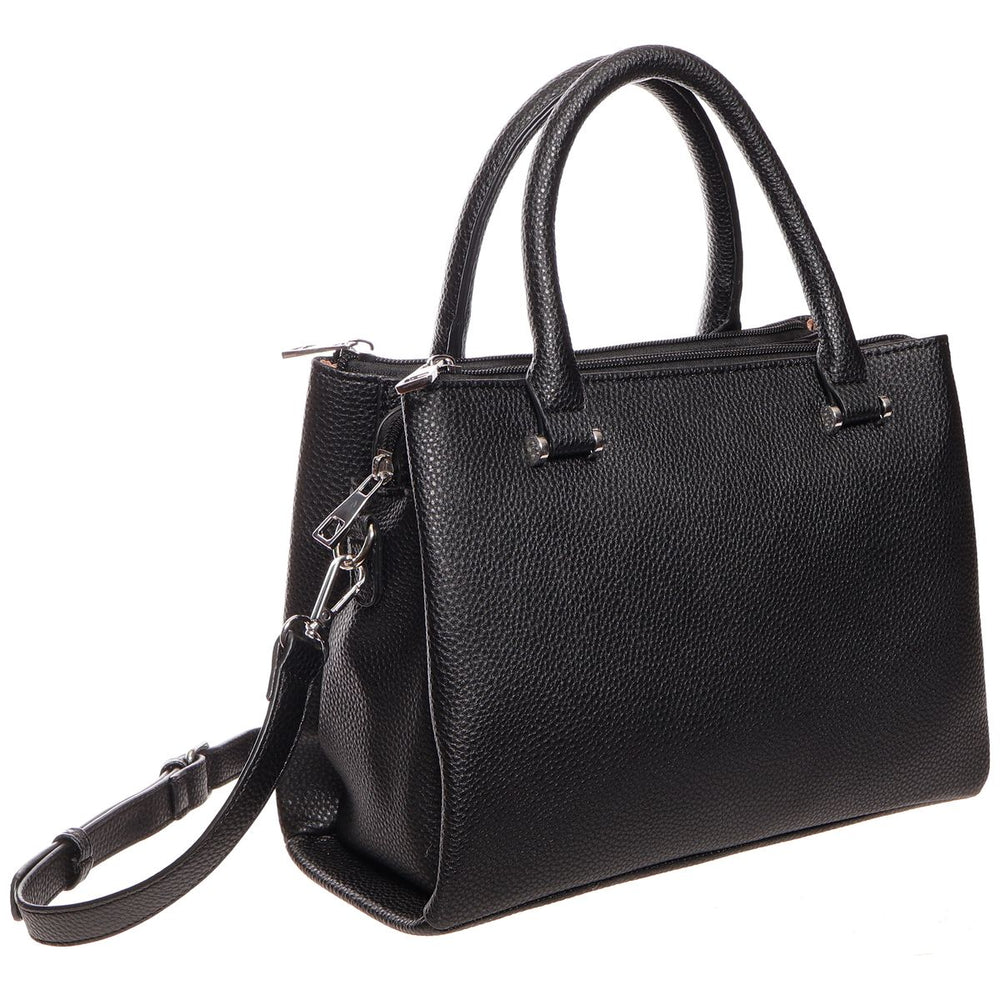 La Diva black pebbled leather satchel handbag with dual top handles, removable shoulder strap, and zip closure. Style #R18103STL