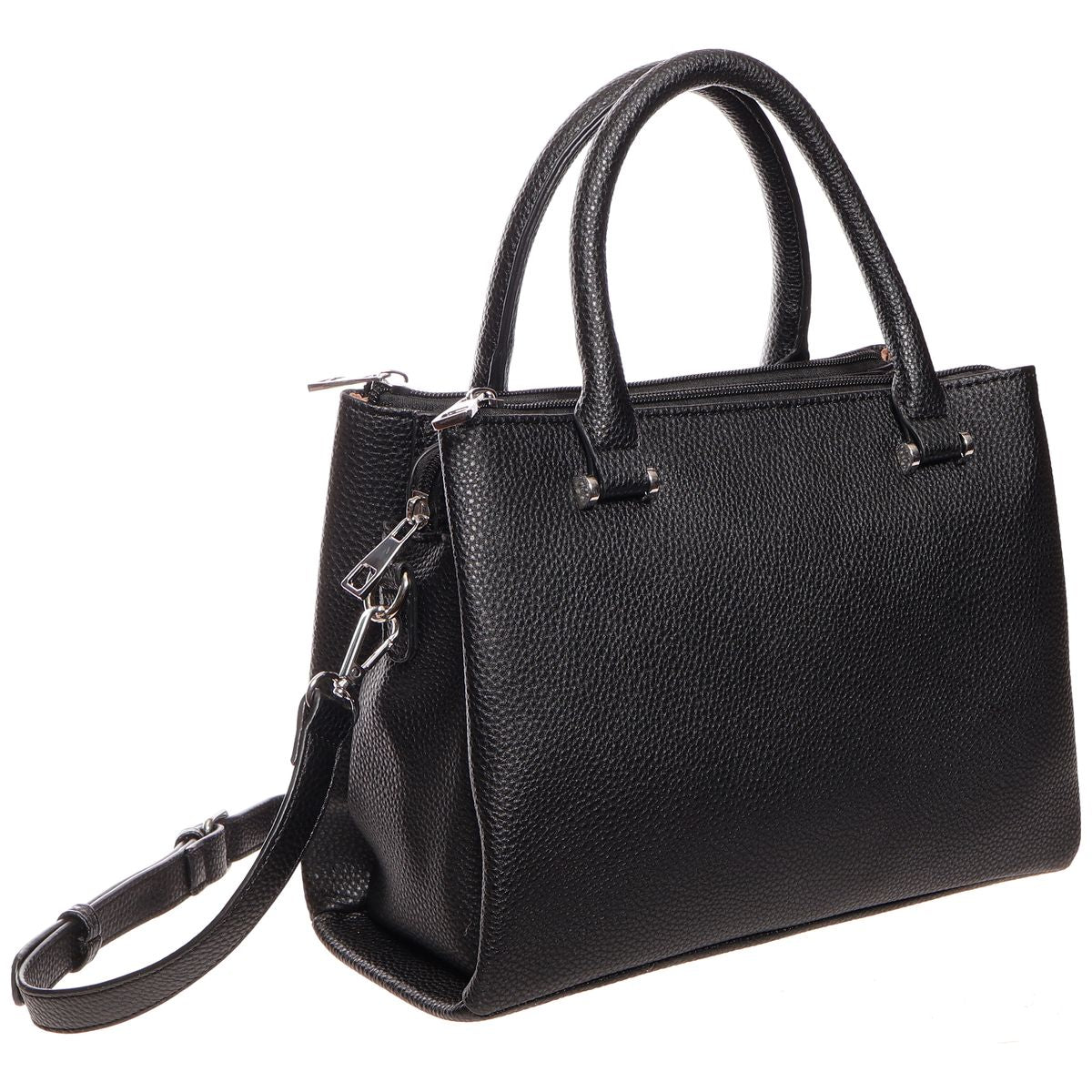 La Diva black pebbled leather satchel handbag with dual top handles, removable shoulder strap, and zip closure. Style #R18103STL