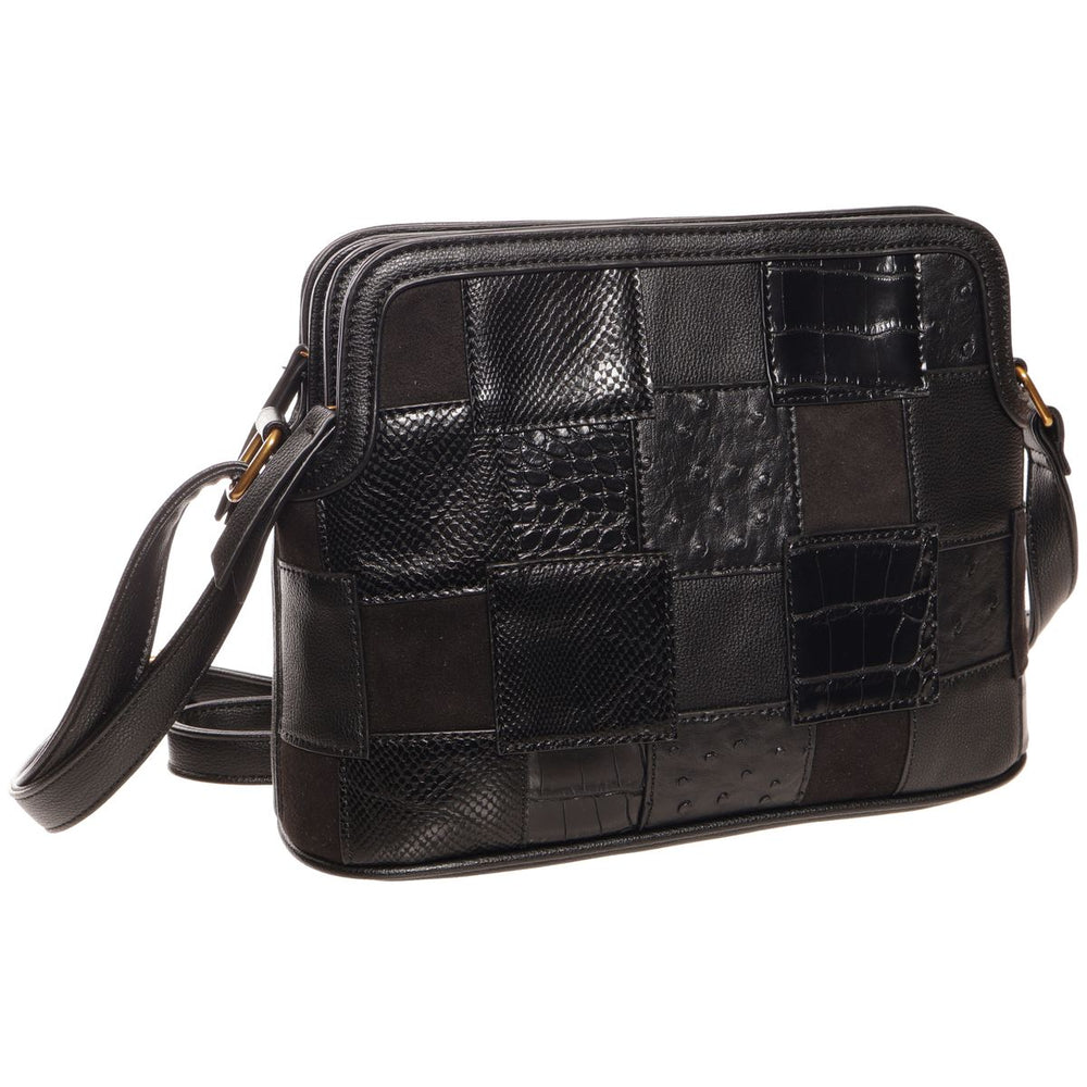 La Diva black patchwork shoulder handbag featuring mixed leather textures including snakeskin and croc embossed. Style #R19271STL