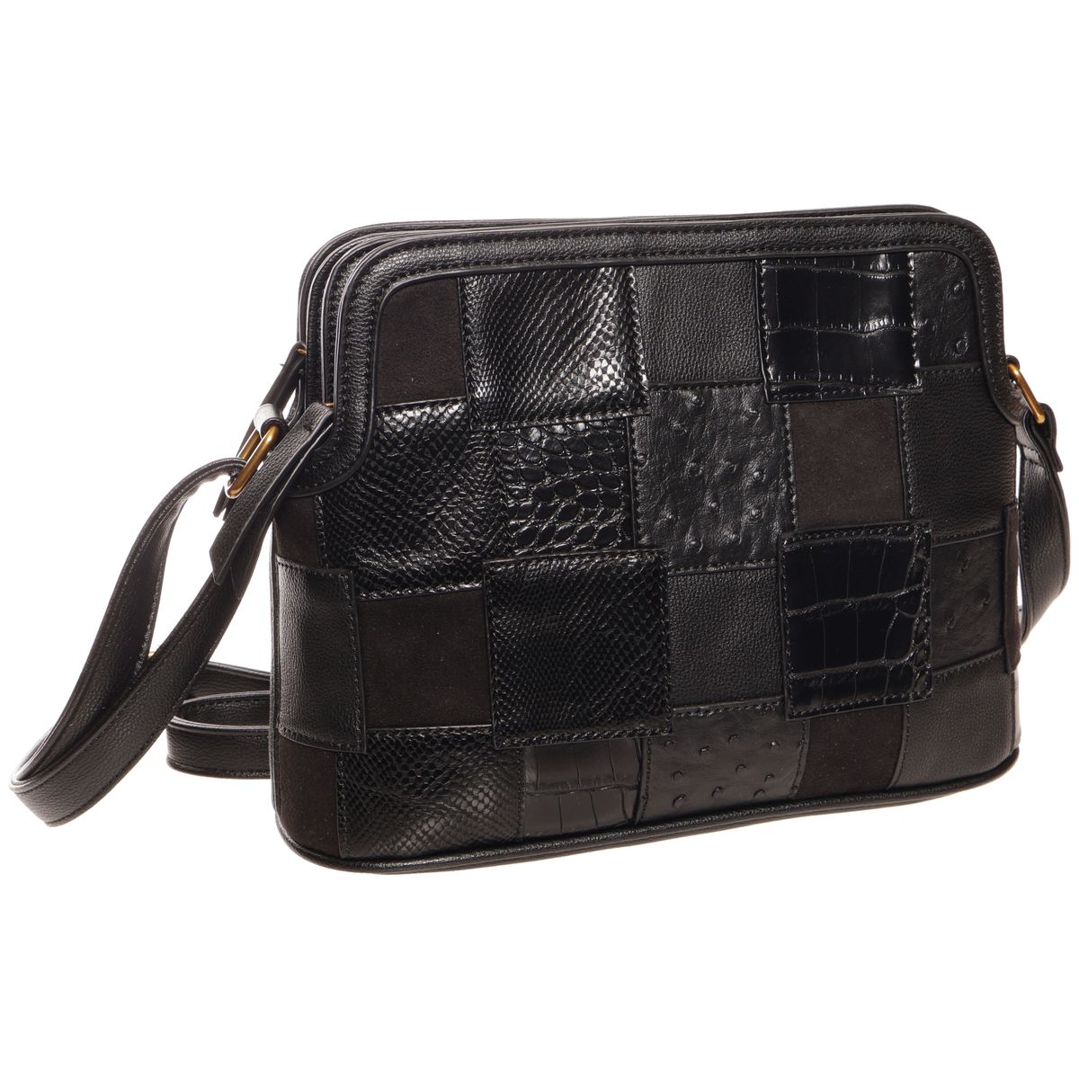 La Diva black patchwork shoulder handbag featuring mixed leather textures including snakeskin and croc embossed. Style #R19271STL