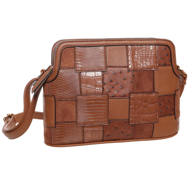 La Diva cognac patchwork shoulder handbag featuring mixed leather textures including snakeskin and croc embossed. Style #R19271STL