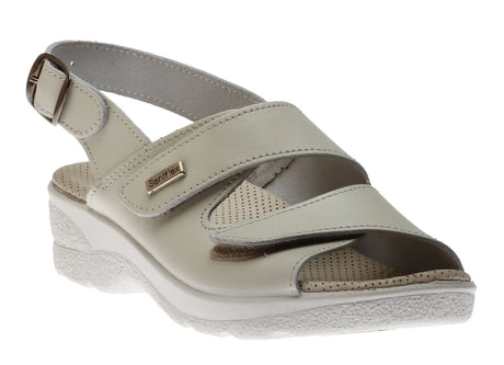 Cream-colored women's sandal with two velcro straps, cushioned insole, and lightweight sole—perfect for casual summer comfort and support. Style #83015-18