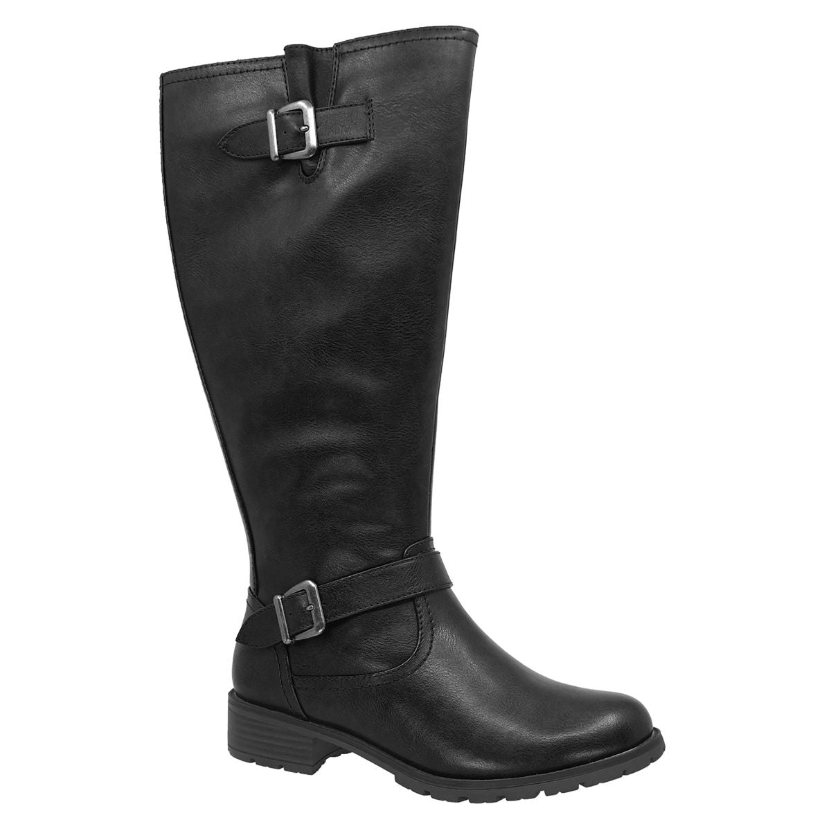 Black knee-high waterproof wide boot with adjustable calf and ankle buckle straps and low block heel. Lady Comfort Style #AMBERWP-W