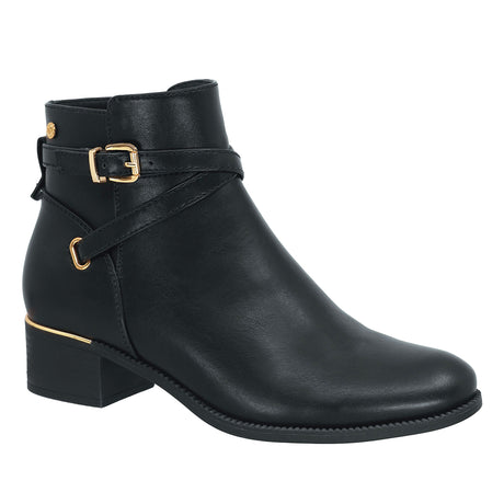Lady Comfort Ava-01 Women’s Black Faux Leather Booties with plush faux fur lining, cushioned insole, gold-accented heel, full-length zipper, and rubber outsole.