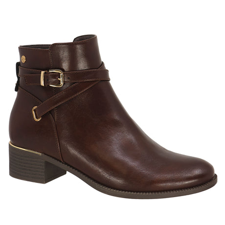Lady Comfort Ava-01 Rich Women’s Brown Faux Leather Booties with plush faux fur lining, cushioned insole, gold-accented heel, full-length zipper, and rubber outsole.
