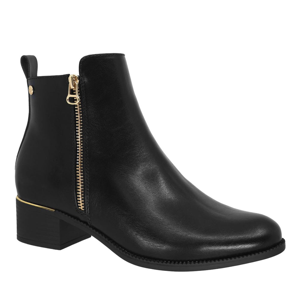 Black side-zip ankle boot with gold zipper detail, low block heel, and metallic heel accent. Lady Comfort Style #BARB BLK