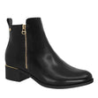 Black side-zip ankle boot with gold zipper detail, low block heel, and metallic heel accent. Lady Comfort Style #BARB BLK