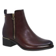 Bordo side-zip ankle boot with gold zipper detail, low block heel, and metallic heel accent. Lady Comfort Style #BARB BOR