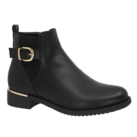Lady Comfort Charlotte-01WP Women’s Black Waterproof Booties with faux fur lining, cushioned insole, gold buckle and heel accents, and traction outsole.