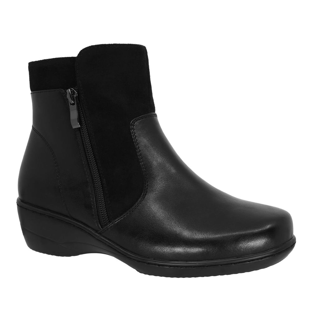 Black leather and suede side-zip ankle boot with low wedge sole. Lady Comfort Style #CYNTHIA-W