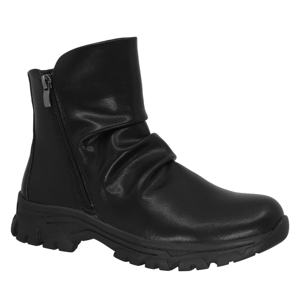 Black waterproof ankle boot with ruched front design, side zipper, and thick rubber lug sole. Lady Comfort Style #DEVON-WP