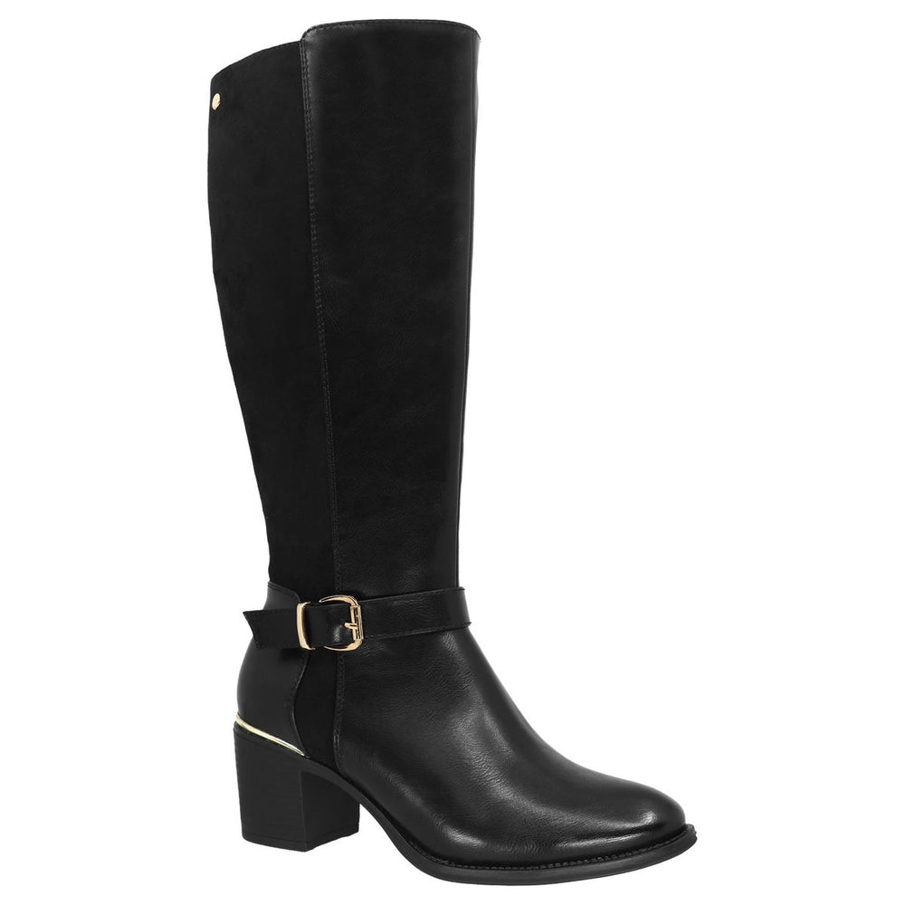Black tall knee-high boot with buckled ankle strap, gold heel trim, and sturdy block heel. Lady Comfort Style #EMMA BLK