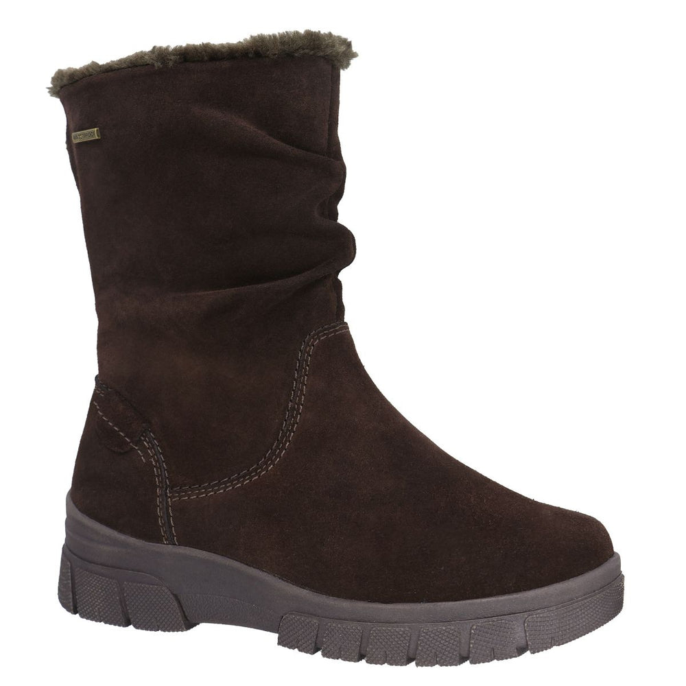 Dark brown waterproof suede mid-calf boot with faux fur trim, ruched shaft, and thick lug sole. Lady Comfort Style #JADE-WP