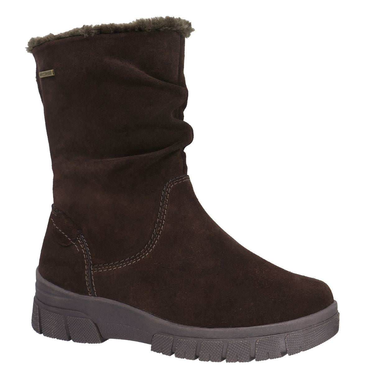Dark brown waterproof suede mid-calf boot with faux fur trim, ruched shaft, and thick lug sole. Lady Comfort Style #JADE-WP
