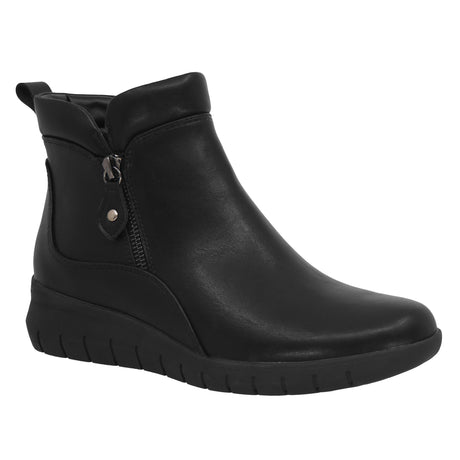 Lady Comfort Jane-01WP Women’s Black Waterproof Wedge Boots with plush faux fur lining, full-length inside zipper, decorative outside zipper, and rubber outsole.