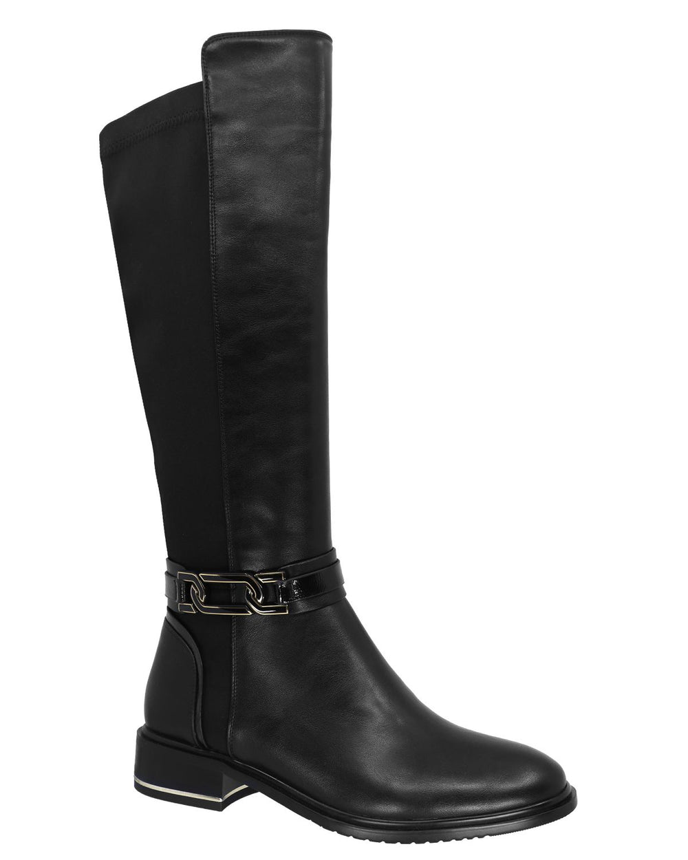 Black knee-high waterproof boot with ankle strap metallic chain ornament and low heel. Lady Comfort Style #JILLIANWP