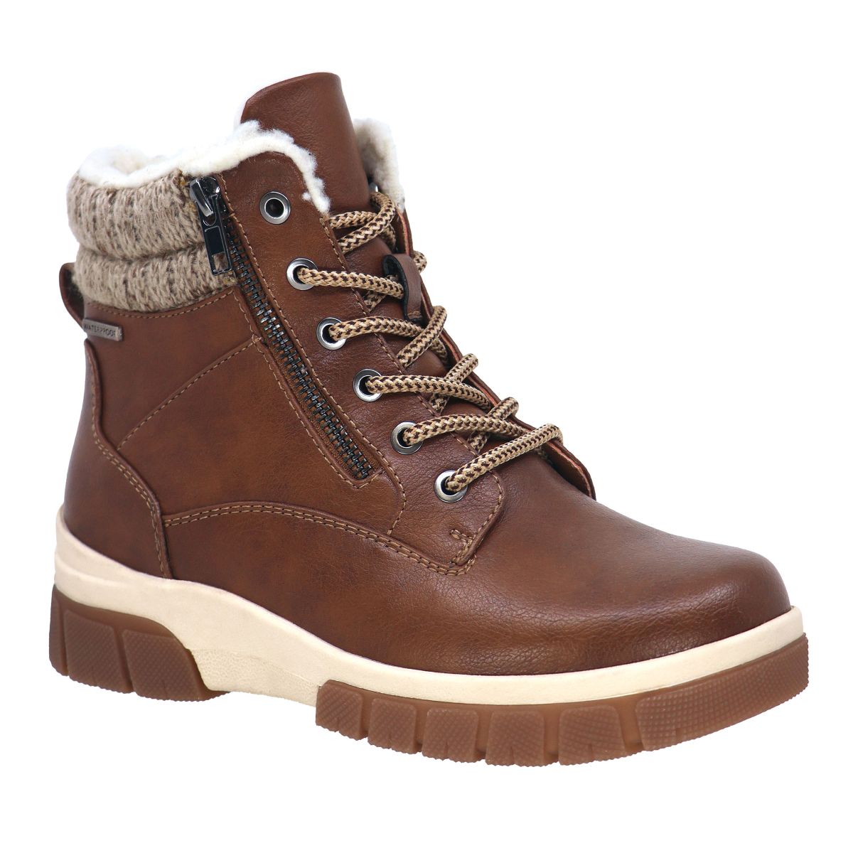 Tan waterproof lace-up ankle boot with knit collar, fleece lining, and side zipper. Lady Comfort Style #JOCELYN-WP