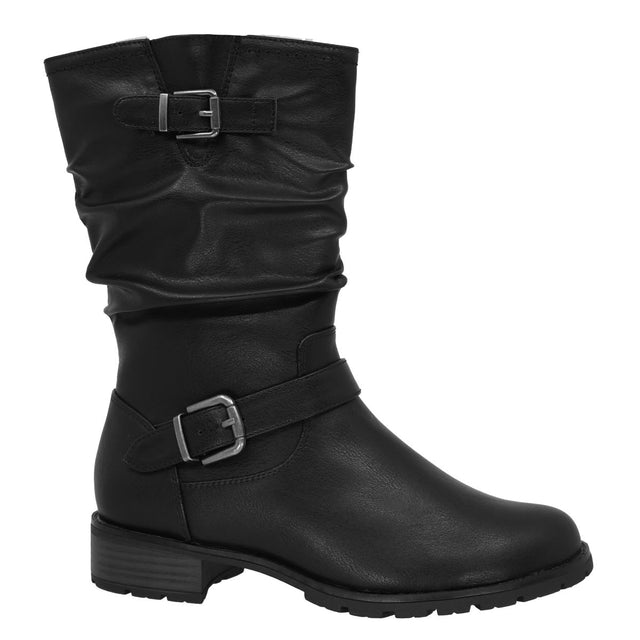 Lady Comfort black slouchy mid-calf waterproof boot with ankle and top buckle straps and low block heel. Style #KATIEWP-W