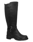 Black knee-high waterproof boot with ankle buckle strap, low stacked block heel, and lug sole. Lady Comfort Style #MARY-WP