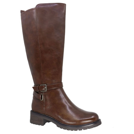 Brown knee-high waterproof boot with ankle buckle strap, low stacked block heel, and lug sole. Lady Comfort Style #MARY-WP