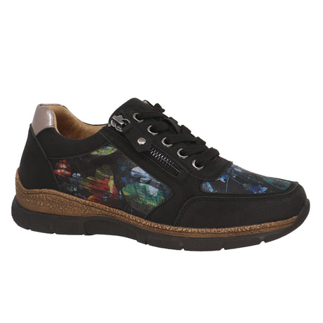 Lady Comfort Mila-01 Women’s Black Sneakers with padded insole, adjustable lace-up, functional outside zipper, and bold printed side detail.
