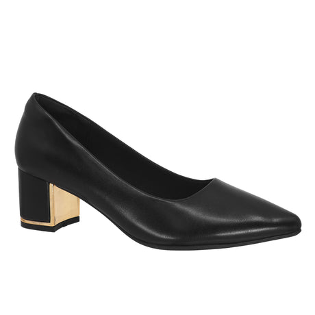 Lady Comfort Nicole-01 Women’s Black Block Heel Shoes with padded insole, gripped outsole, 2” heel, padded heel counter, and metal heel accent.