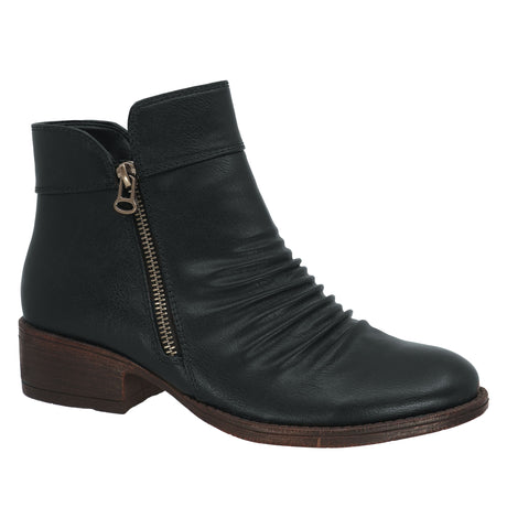 Lady Comfort Shannon-01W Women’s Black Wide-Width Faux Leather Boots with short faux fur lining, dual zippers, and rubber outsole for traction.
