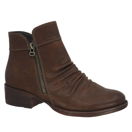 Lady Comfort Shannon-01W Women’s Brown Wide-Width Faux Leather Boots with short faux fur lining, dual zippers, and rubber outsole for traction.