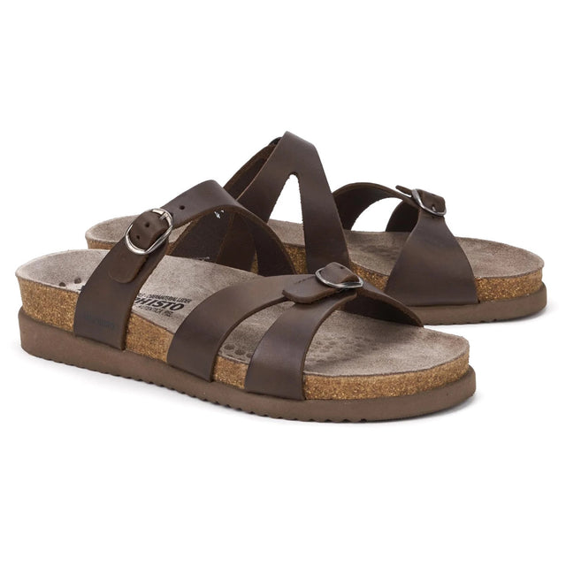Women’s dark brown leather slide sandal with two adjustable buckle straps and a contoured cork midsole. Style #3451