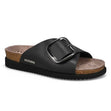 Mephisto Hariana Women's Cork Slide Buckle Sandals in Black. Single Mephisto Hariana cork slide sandal in black with a large silver buckle on a white background. style 2800 - Comfortable, All-day wear, soft footbed, leather, classic look, walking shoe, easy on and off, sandal, clog, heel, Mephisto Hariana sandals, women’s cork slide sandals, black leather slide sandal, SOFT-AIR technology sandals, Mephisto style 2800.