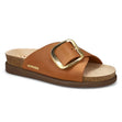 Mephisto Hariana Women's Cork Slide Buckle Sandals in Camel - Single Mephisto Hariana cork slide sandal in Camel with a gold silver buckle on a white background. Comfortable, All-day wear, soft footbed, leather, classic look, walking shoe, easy on and off, sandal, clog, heel, Mephisto Hariana sandals, women’s cork slide sandals, camel, tan leather slide sandal, SOFT-AIR technology sandals, Mephisto style 3431N.